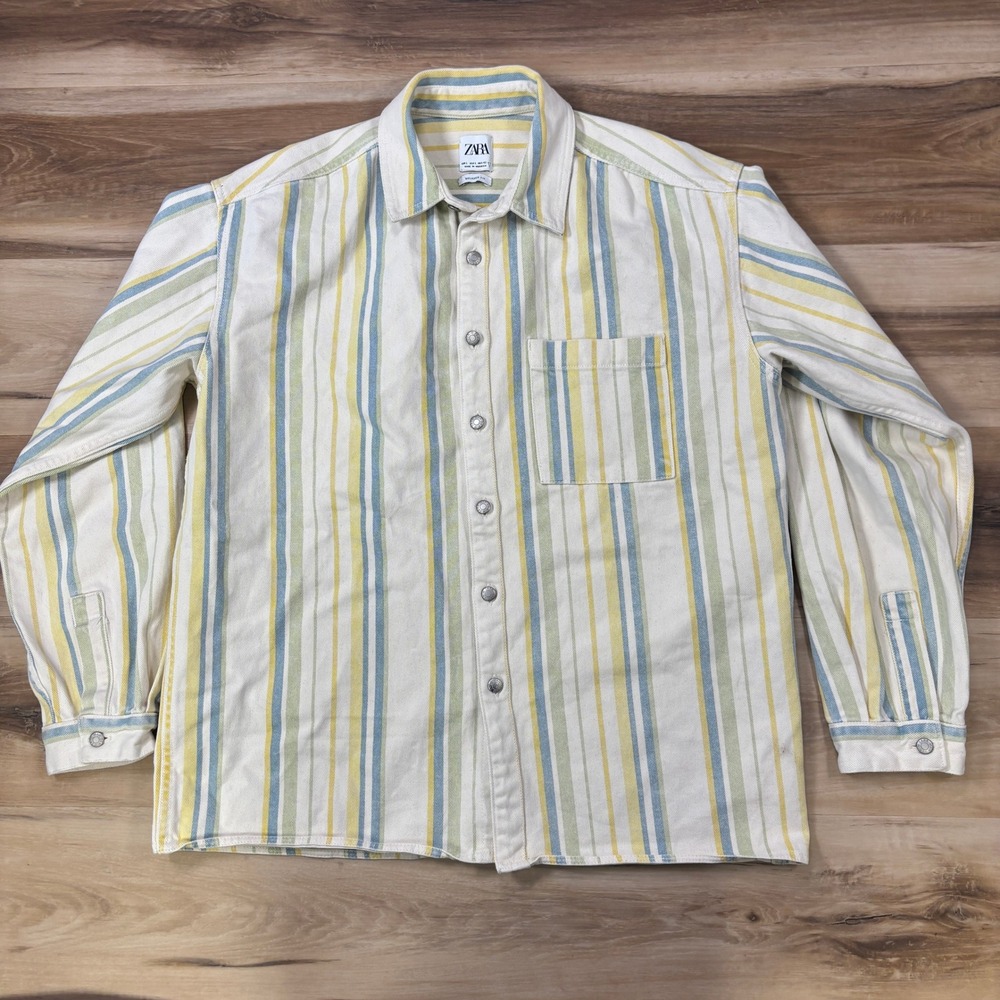 Zara Denim Shirt Mens L Relaxed Fit‎ Striped Cotton Heavy Streetwear Cream Multi